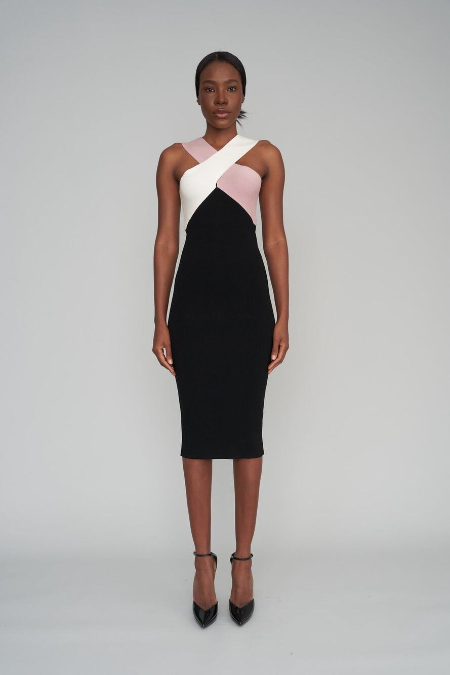 NWT Le Superbe Drinks on You Black Ribbed Bodycon Strappy Midi Dress size Medium
